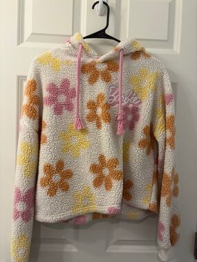 Barbie Cream Sherpa Hoodie with Pink, Orange & Yellow Floral Pattern